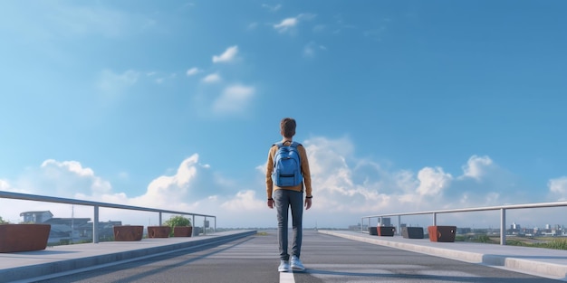 Studente con zaino A piedi a scuola Sfondo del cielo blu Ritorno a scuola Concetto Generativo Ai