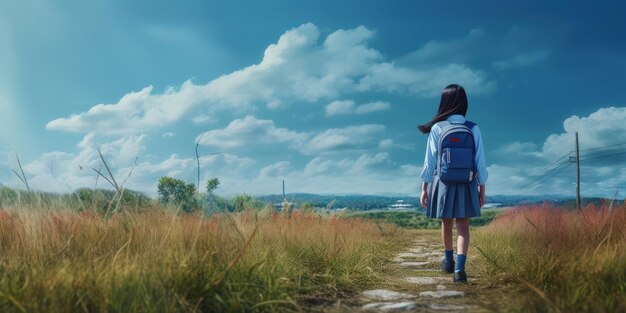 Studente con zaino A piedi a scuola Sfondo del cielo blu Ritorno a scuola Concetto Generativo Ai