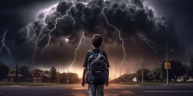 Studente con zaino a piedi a scuola Thunder Storm Background Torna al concetto di scuola AI generativa