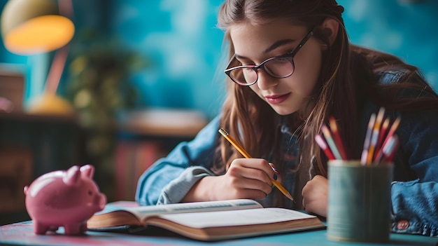 Studente delle scuole superiori in una scrivania di classe che mostra un quaderno di lavoro, matite e un porcellino