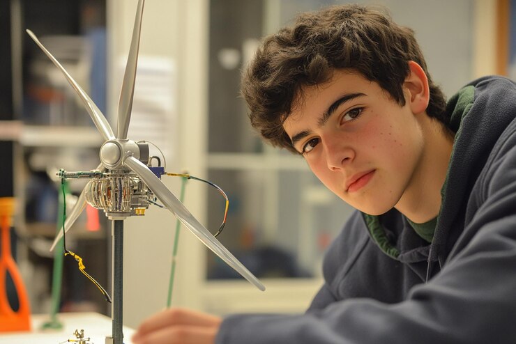 Foto studente delle scuole superiori presenta un modello di turbina eolica per un progetto scientifico