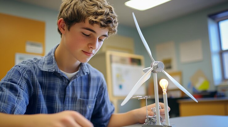 Foto studente delle scuole superiori presenta un modello di turbina eolica per un progetto scientifico
