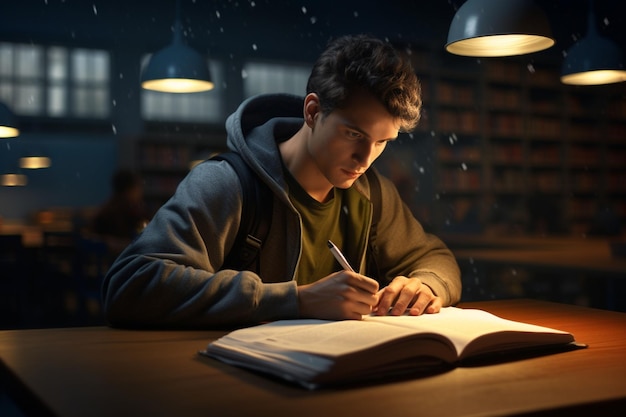 Studente determinato che studia tardi mostrando l'ai generativo