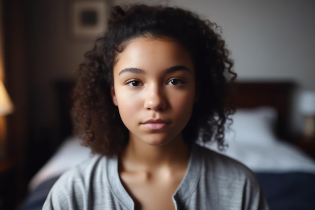 Studente di scuola superiore della ragazza adolescente afroamericana che guarda l'obbiettivo a casa generazione z razza mista piuttosto adolescente in piedi in camera da letto interni casual primo piano ritratto frontale