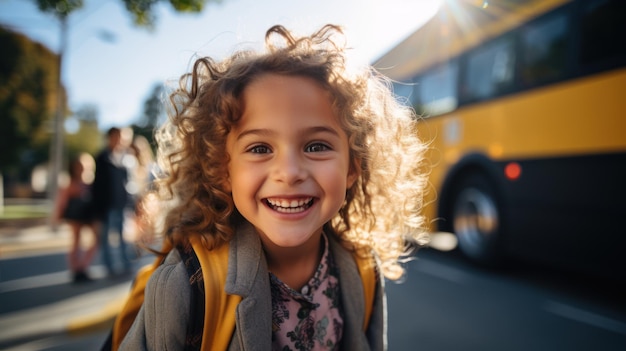 Studente elementare sorridente sorridente e pronta a salire sull'autobus scolastico