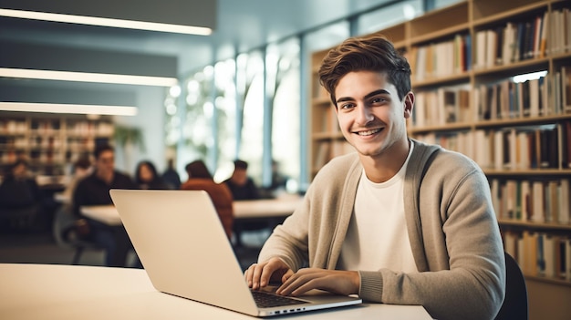 Studente felice Ritratto di uno studente con un portatile Concetto di studio online