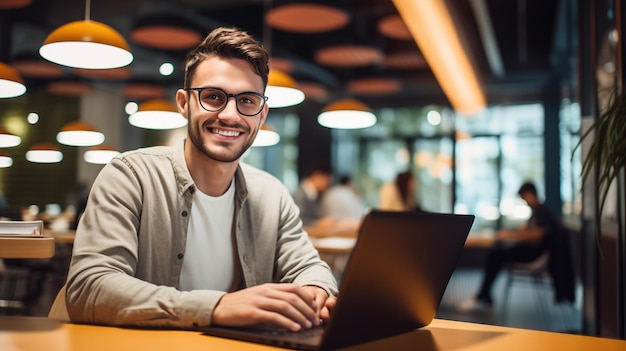 Studente felice Ritratto di uno studente con un portatile Concetto di studio online