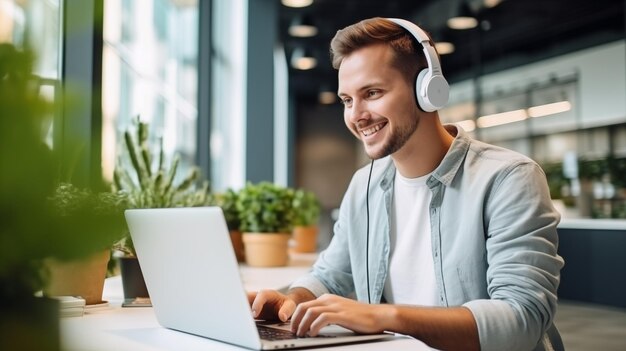 Studente felice Ritratto di uno studente con un portatile Concetto di studio online