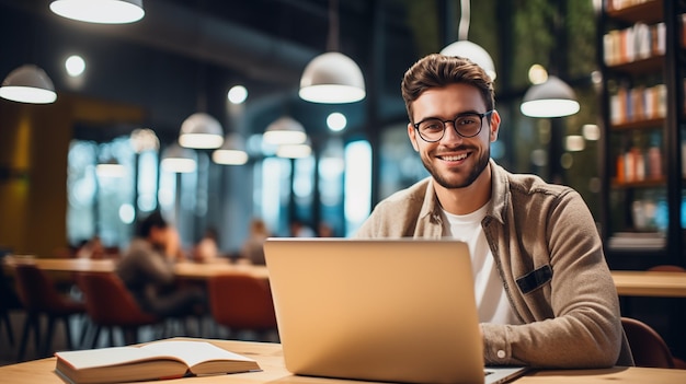 Studente felice Ritratto di uno studente con un portatile Concetto di studio online