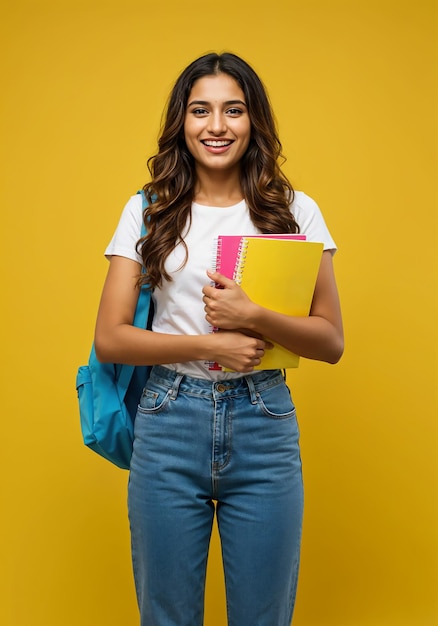 Studente felice sorridente con libri e zaino in mano