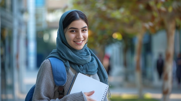 Studente in piedi fuori con smartphone e quaderni di lavoro Fortunata giovane donna del Medio Oriente Camminando in città dopo le lezioni universitarie Guardando lontano e sorridendo Copy Space