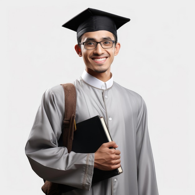 Studente islamico felice e sorridente isolato su uno sfondo bianco