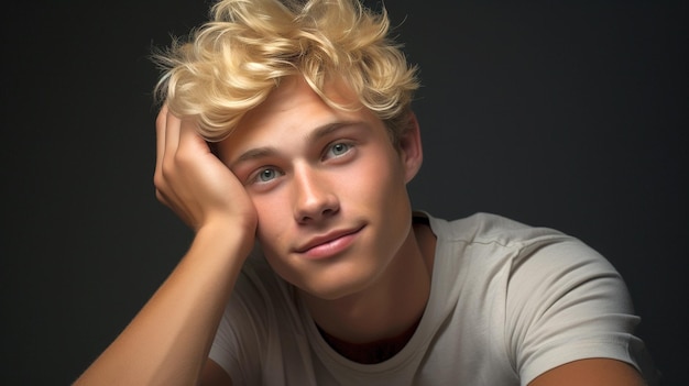 Studente maschio con i capelli biondi si tocca la faccia sorridendo foto realistica