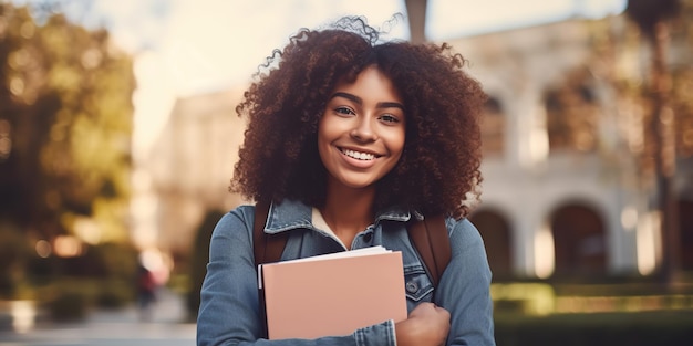 Studente nera allegra che abbraccia libri posando con uno zaino vicino all'edificio del college all'aperto