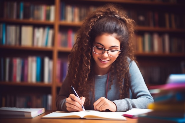 Studente nera sta facendo ricerche e scrivendo una tesi in biblioteca.