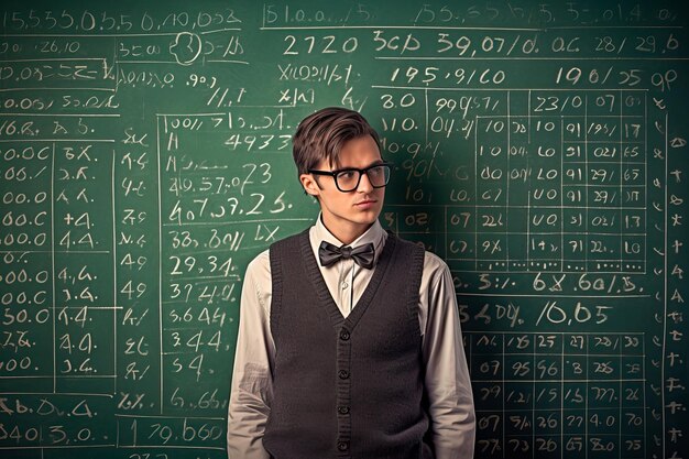 studente nerd con abito classico in piedi con uno sfondo di lavagna