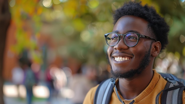 Studente nero felice all'università con un ritratto di se stesso prospettive desideri Generative Ai