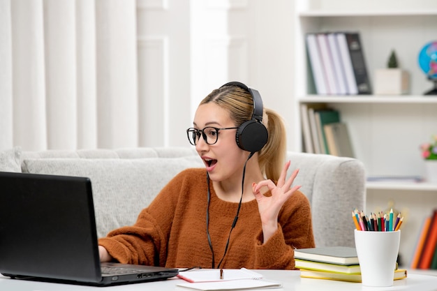 Studente online ragazza carina con gli occhiali e maglione che studia sul computer che mostra gesto ok