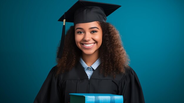 Studente ragazza felice Ritratto di studentessa afroamericana con libri con cappello di laurea in testa