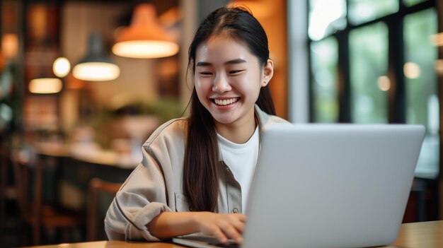 Studente ragazza felice Ritratto di studentessa asiatica con laptop Concetto di studio online