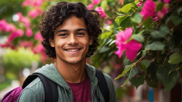 Studente sorridente con i libri in mano Sembra latino un mix di indigeni spagnoli e neri scuri