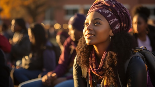 Studentessa africana seduta allegramente nel campus