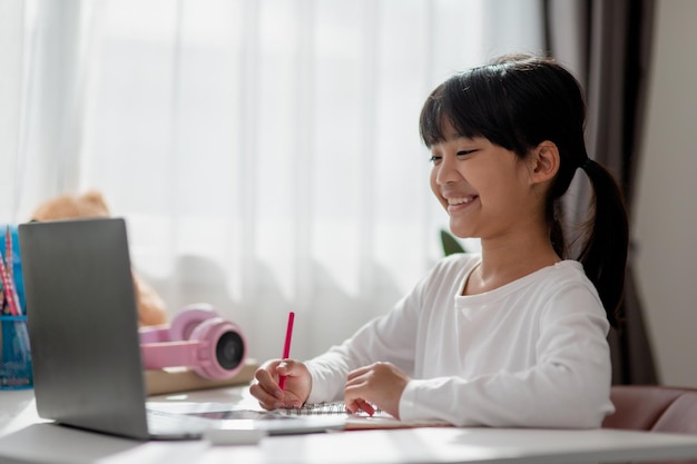 Studentessa asiatica che fa i compiti con il laptop a casa I bambini usano i gadget per studiare Istruzione e apprendimento a distanza per i bambini Istruzione domiciliare durante la quarantena Resta a casa