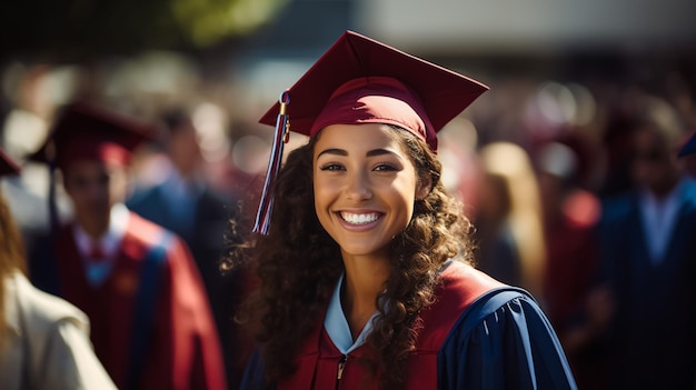 Studentessa asiatica sorridente in abito accademico e cappello di laurea in possesso di diploma