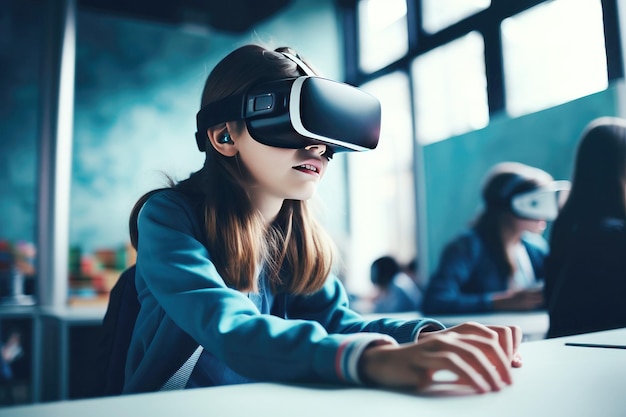 Studentessa di classe virtuale alimentata da 5G con attrezzatura VR