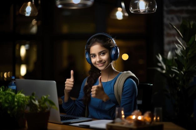 Studentessa indiana che lavora al computer con le cuffie