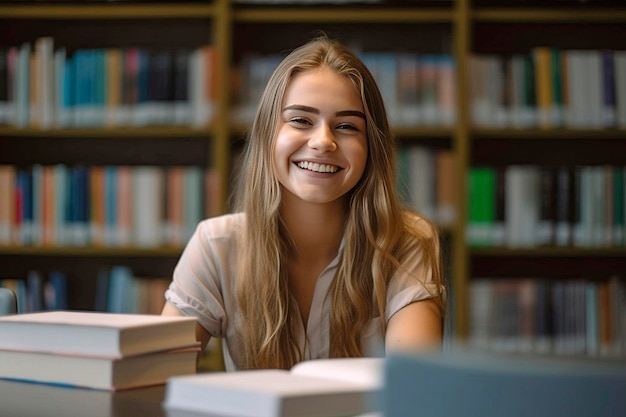 studentessa si siede nella biblioteca con i libri sorridendo e guardando la telecamera