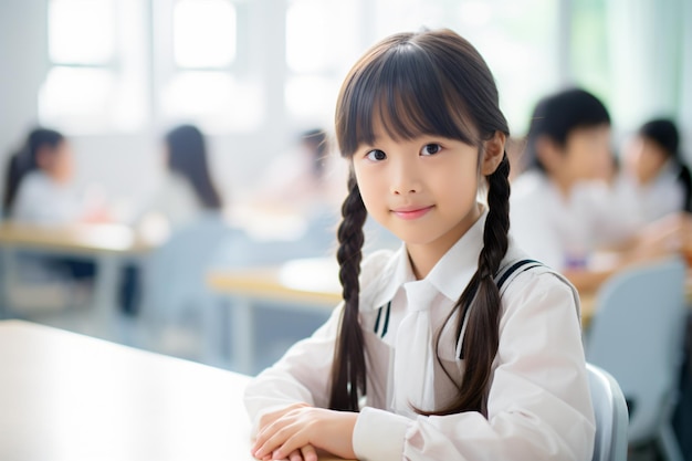 Studentesse asiatiche sorridenti felici che si siedono nell'aula