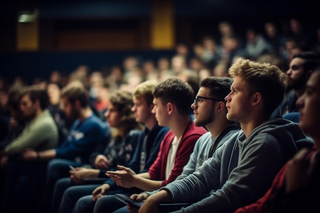 Studenti che ascoltano una lezione in una sala conferenze con IA generativa