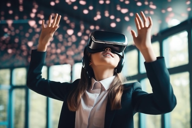 Studenti che indossano visori VR utente mondo surreale e realtà virtuale IA generativa