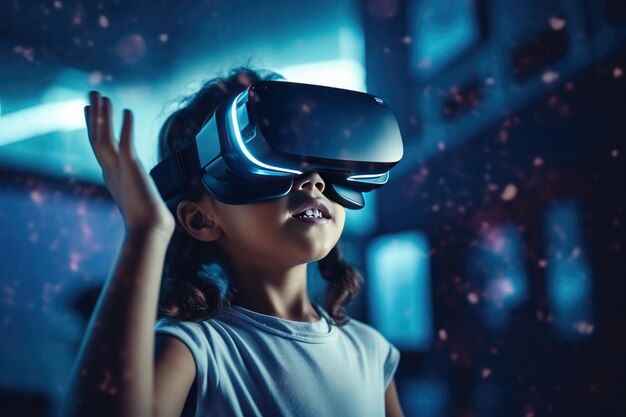 Studenti che indossano visori VR utente mondo surreale e realtà virtuale IA generativa