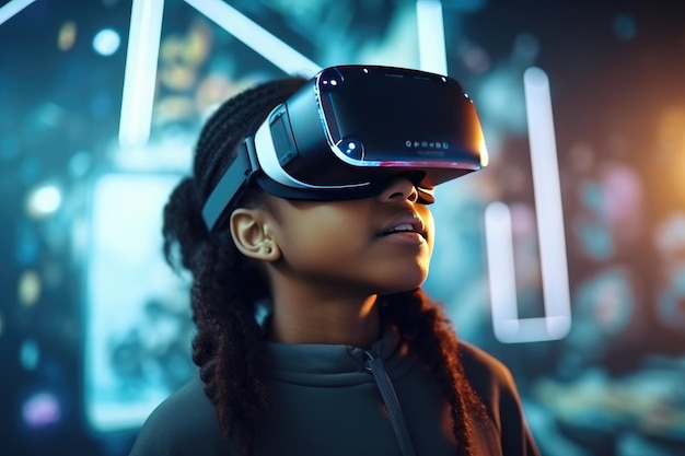Studenti che indossano visori VR utente mondo surreale e realtà virtuale IA generativa
