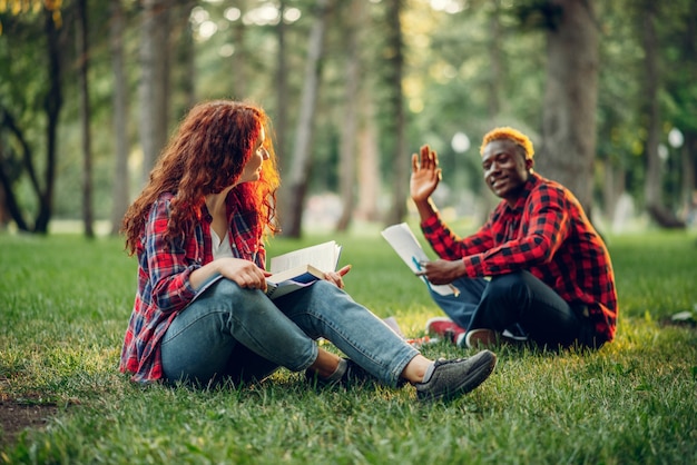 Studenti che leggono un libro sull'erba nel parco estivo. Adolescenti maschi e femmine che studiano all'aperto e pranzano