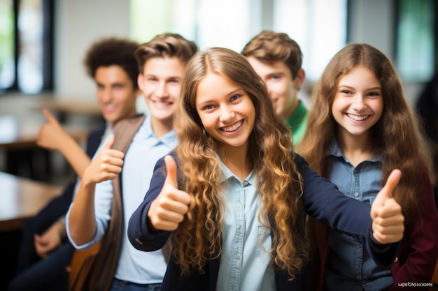 studenti che mostrano i pollici in su a scuola