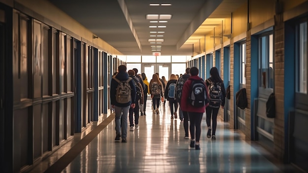 Studenti che portano gli zaini e camminano verso casa lungo il corridoio della scuola