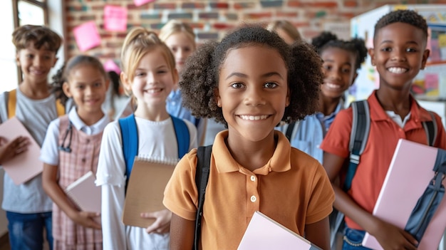 Studenti che posano in classe con quaderni e zaini