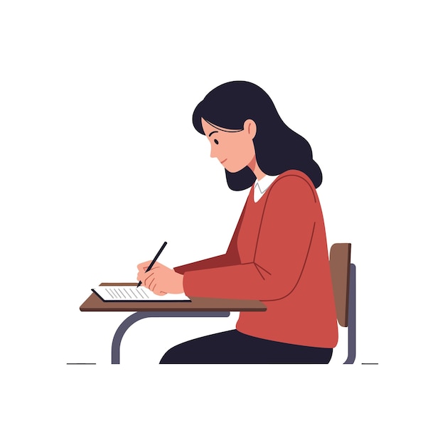 Studenti che scrivono appunti su una scrivania in un'illustrazione vettoriale piana minima