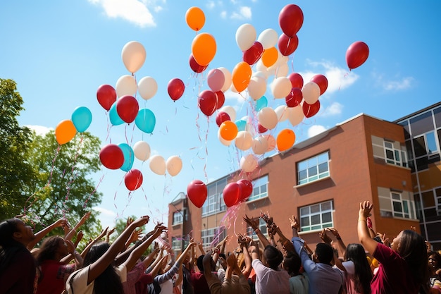 Studenti che si divertono a lanciare palloncini Generative Ai