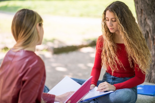 Studenti che studiano insieme seduti su una panchina all'aperto