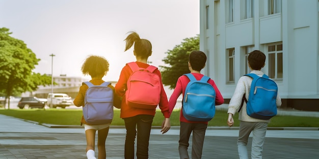 Studenti con zaini che vanno a scuola Concetto di ritorno a scuola AI generato