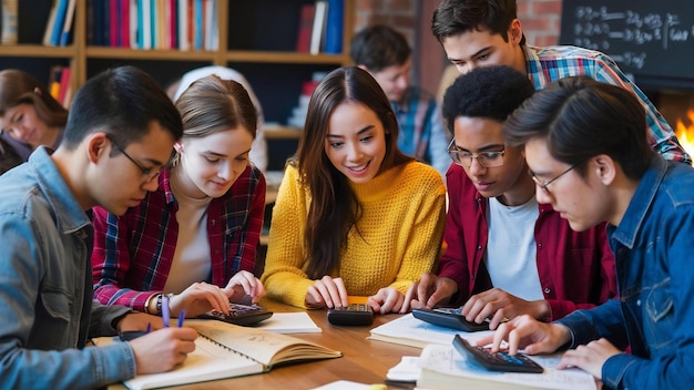 Studenti concentrati che usano la calcolatrice e studiano insieme