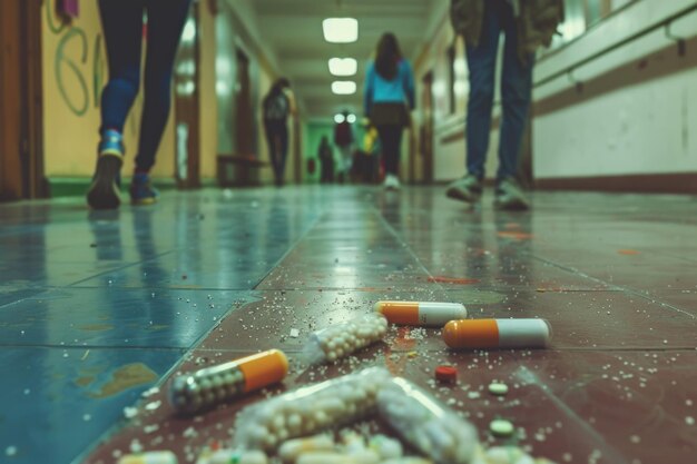 Studenti del liceo irriconoscibili che spacciano droga nel corridoio della scuola.