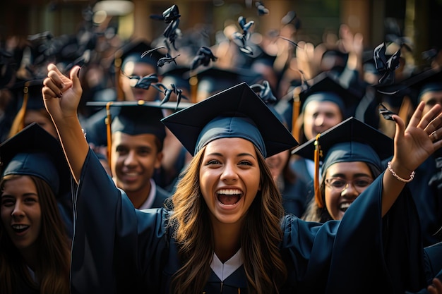 Studenti di laurea che lanciano i loro cappelli in aria studenti di laurea momento di celebrazione