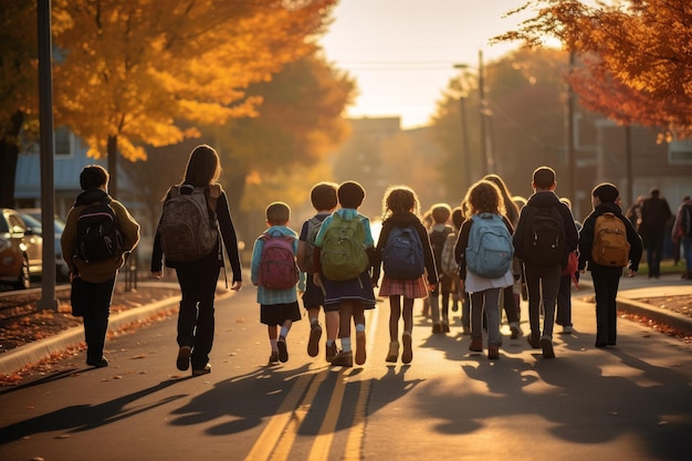 Studenti elementari che camminano a scuola la mattina Genitore adolescente Genera Ai