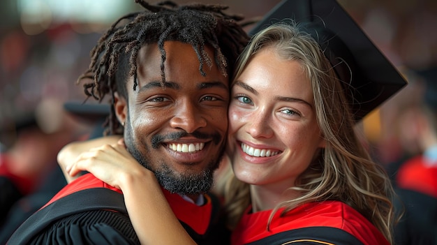 Studenti felici di diverse razze si abbracciano dopo la cerimonia di laurea