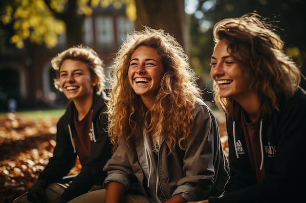 Studenti felici moderni all'aperto sul territorio del campus universitario